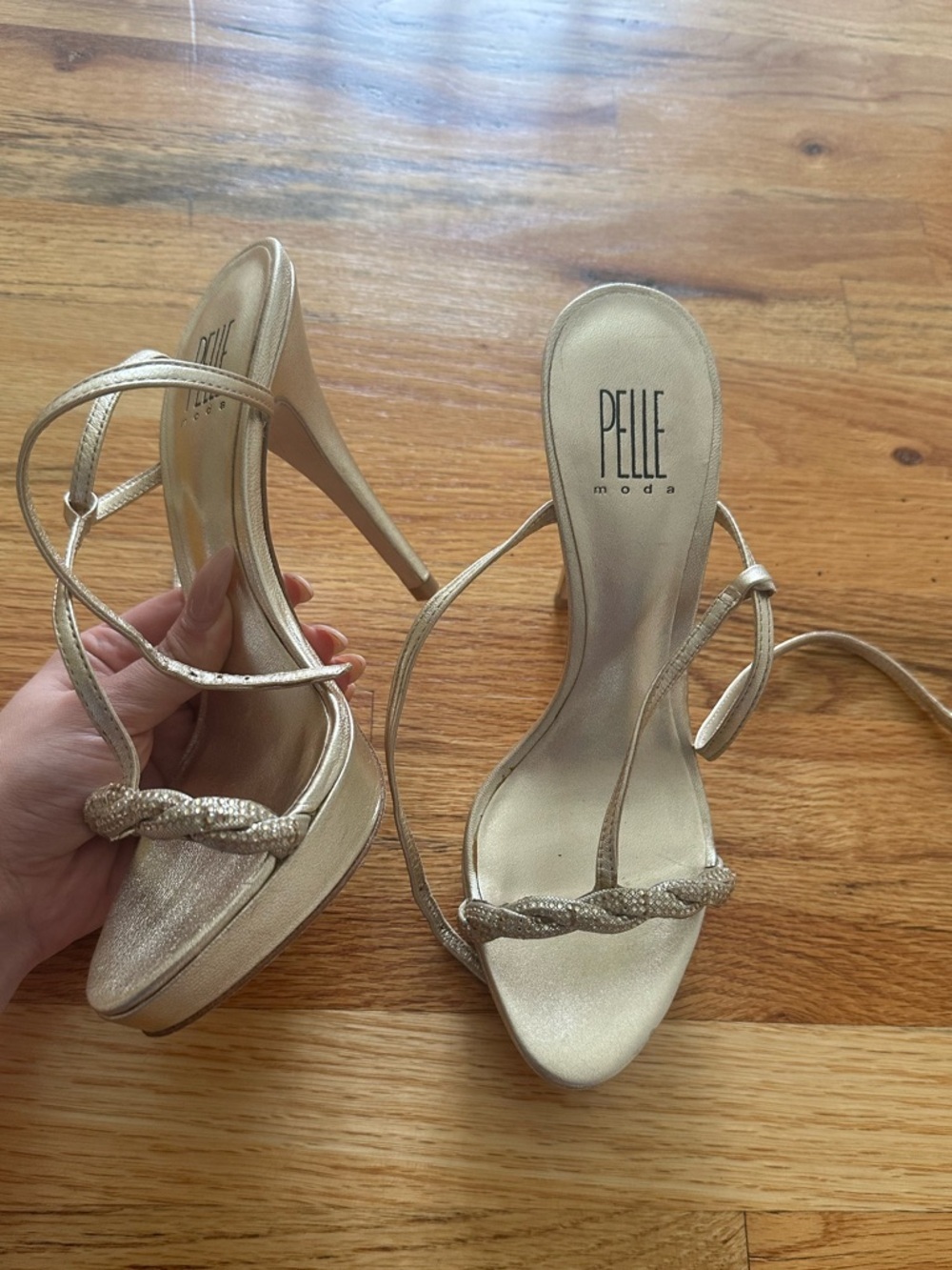 Pelle Moda Metallic Gold Braided-Strap High Heel Sandals